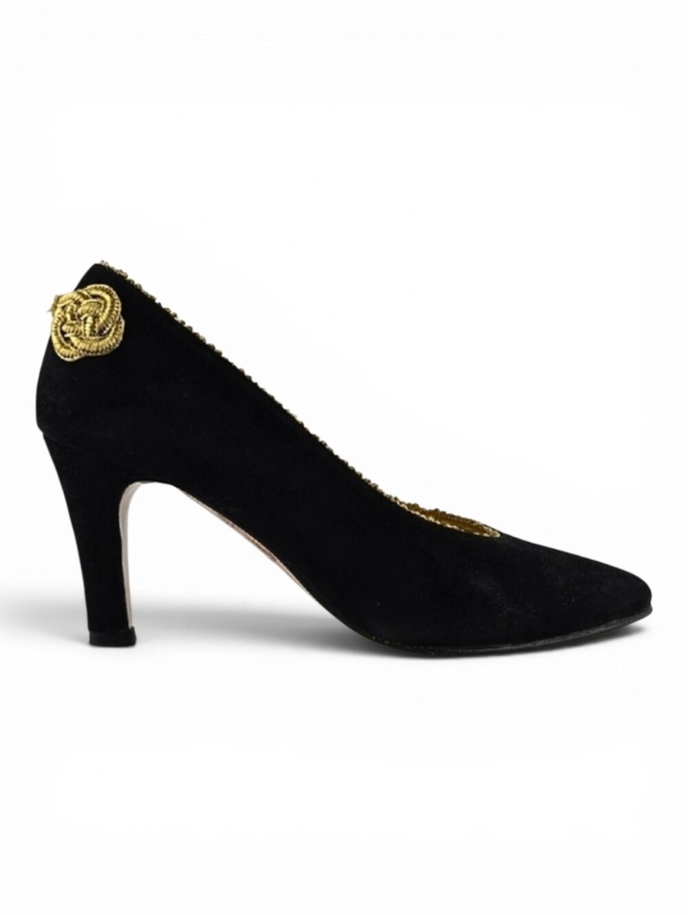Battini Women's Vintage Pointed Toe Suede Pumps Gold Trim Black 6